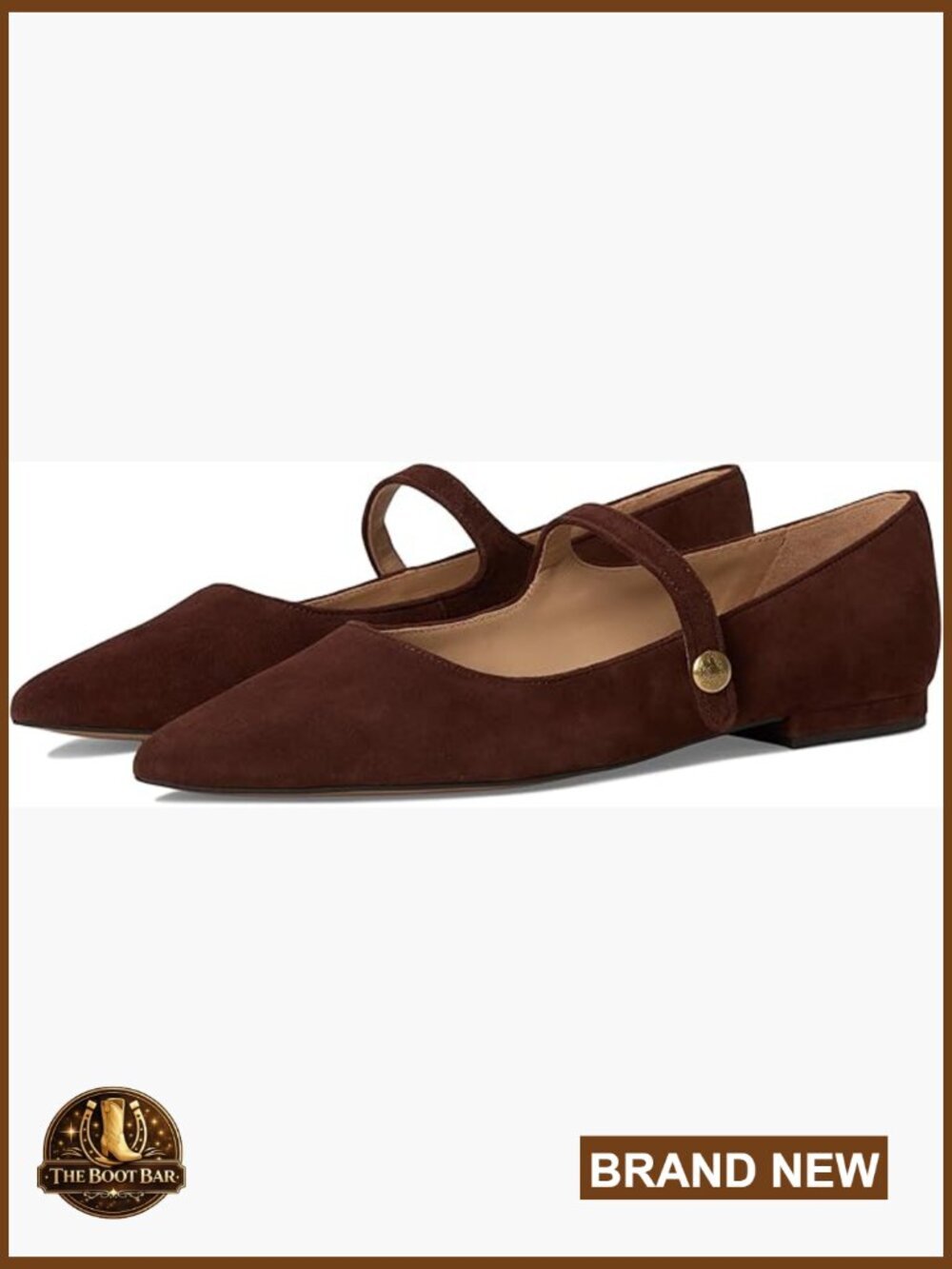 Pointed Toe Suede Mary Jane Flats with Brass Button Embellishments